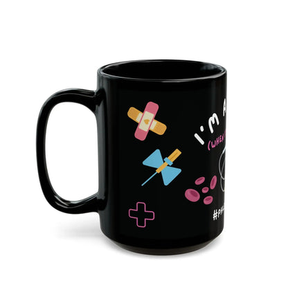 Black mug with colorful medical graphics and text on a white background