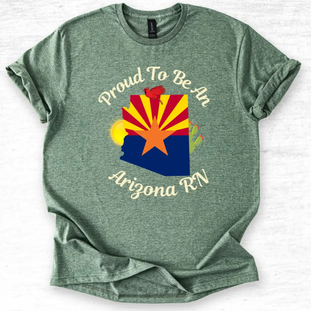 Green t-shirt with Arizona state design and text 'Proud To Be An Arizona RN' on a light gray background