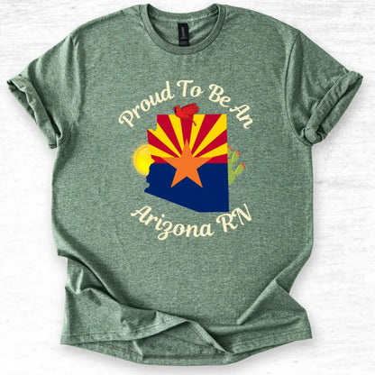 Green t-shirt with Arizona state design and text 'Proud To Be An Arizona RN' on a light gray background