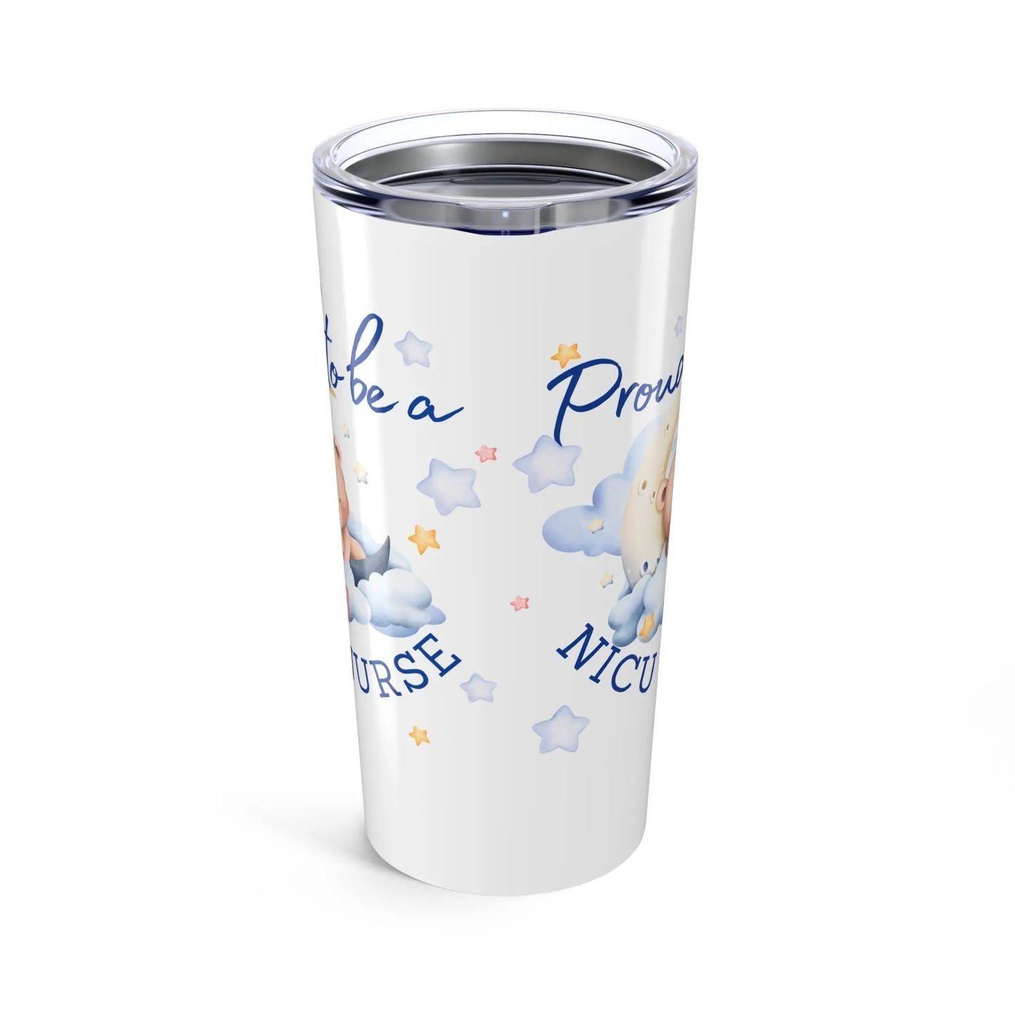 Tumbler with a design of a baby and text on a white background