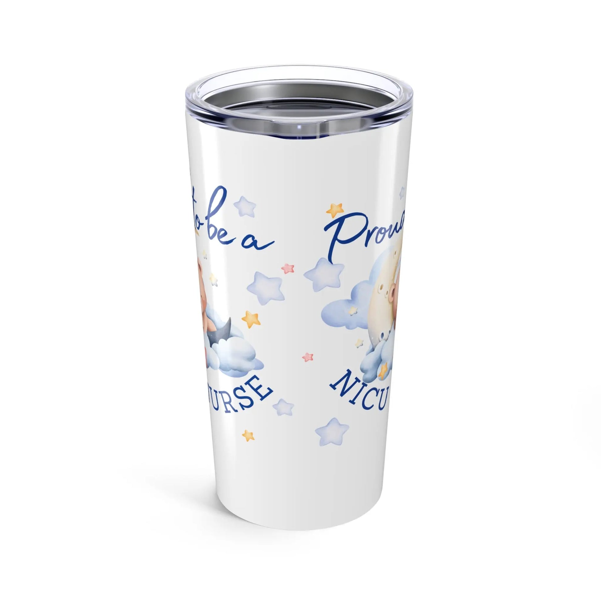 Tumbler with a design of a baby and text on a white background