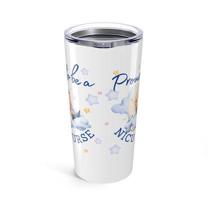 Tumbler with a design of a baby and text on a white background