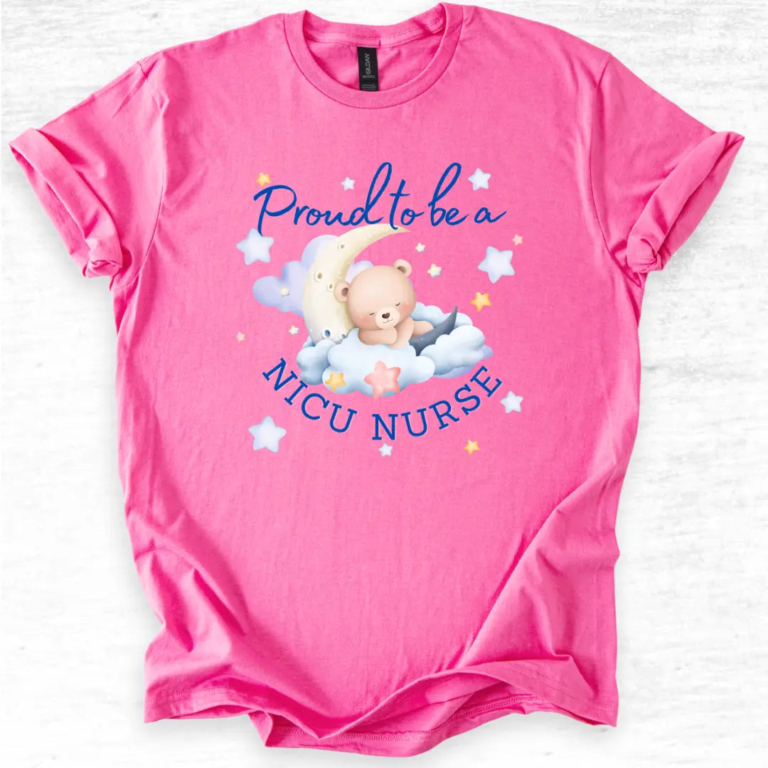 Pink t-shirt with teddy bear graphic and text 'Proud to be a NICU Nurse' on a white background