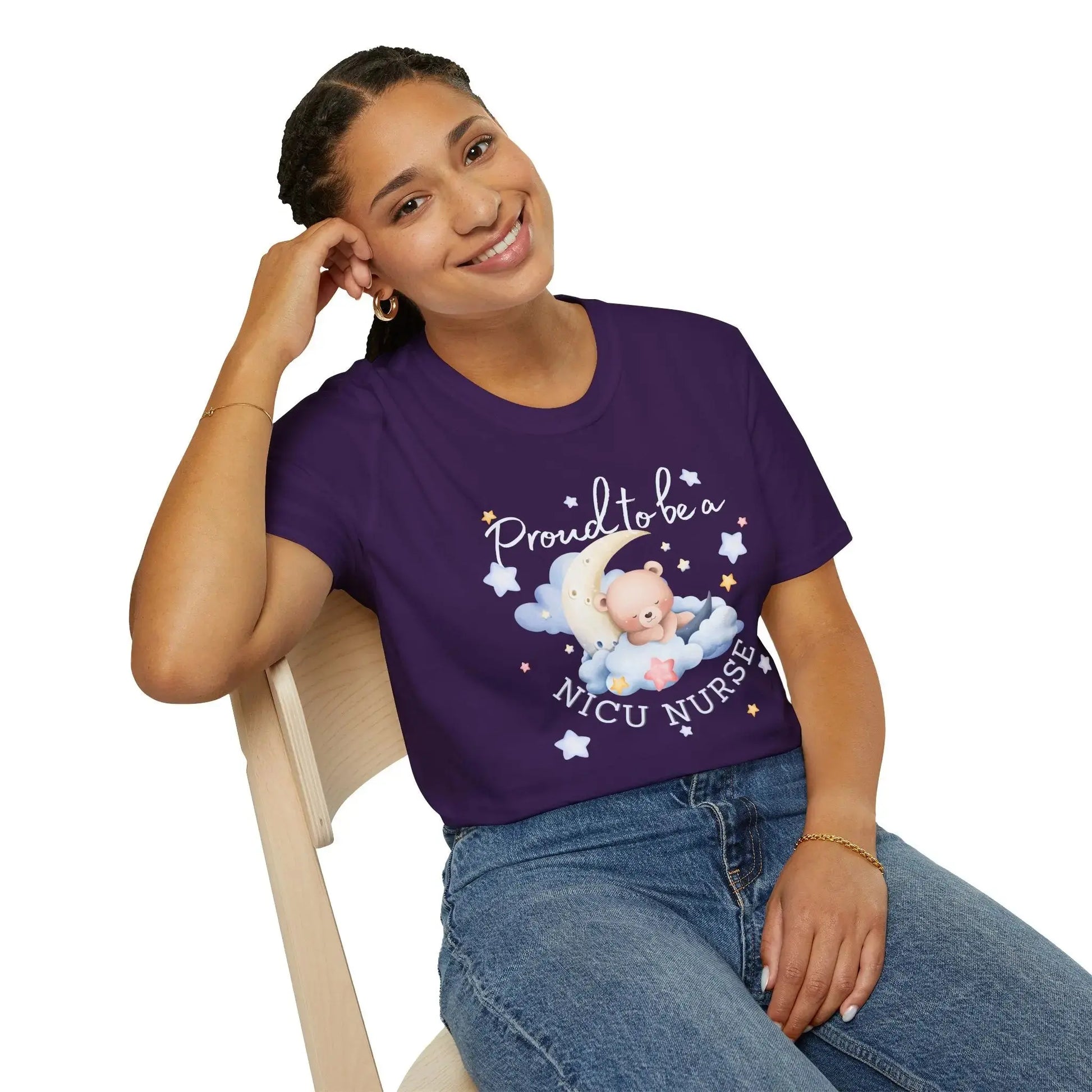 woman wearing Proud NICU Nurse T-Shirt purple