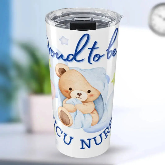 Tumbler with a teddy bear design and text 'Proud-To-Be-A-NICU-Nurse' on a blurred background