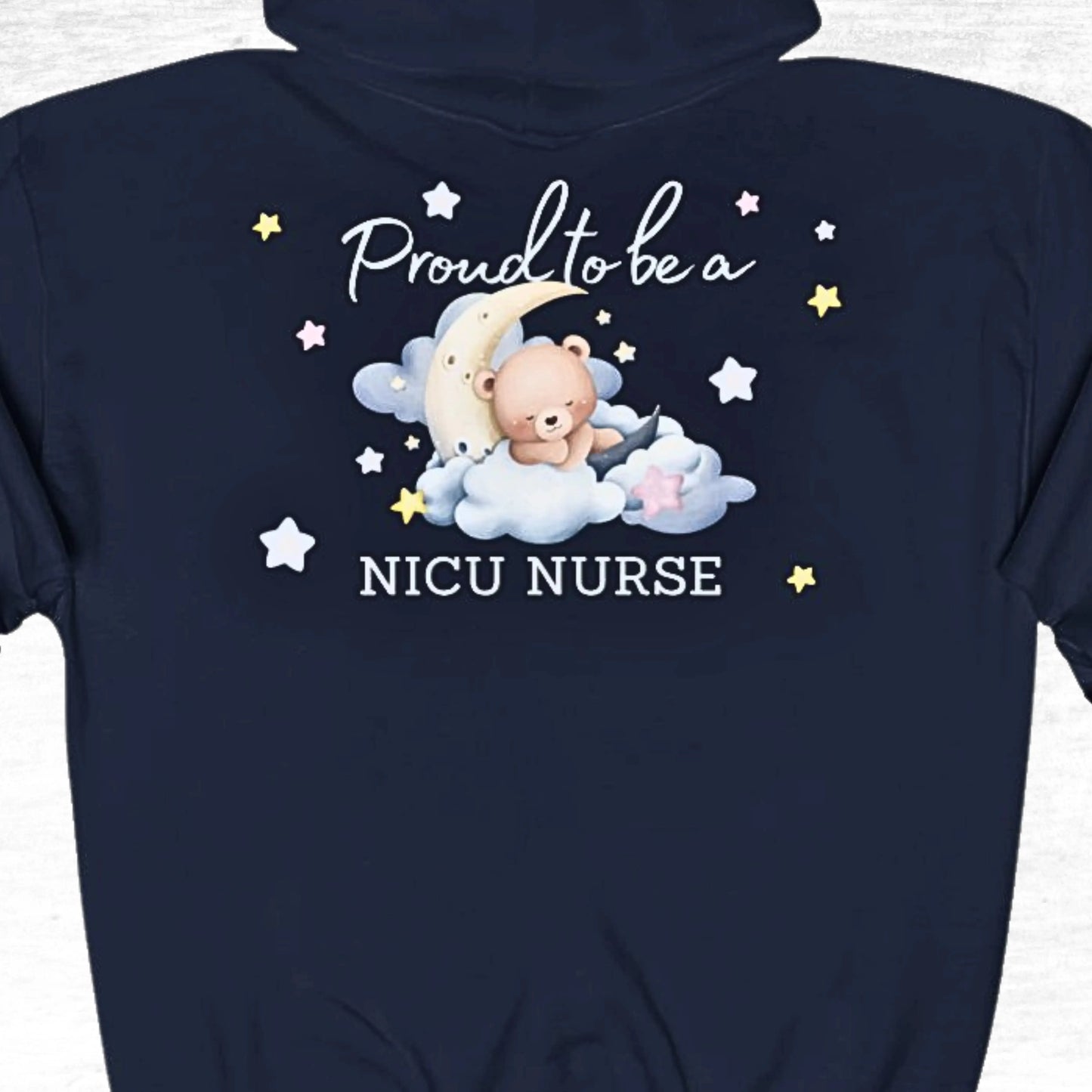 Navy blue hoodie with teddy bear design and text 'Proud to be a NICU Nurse' on a white background