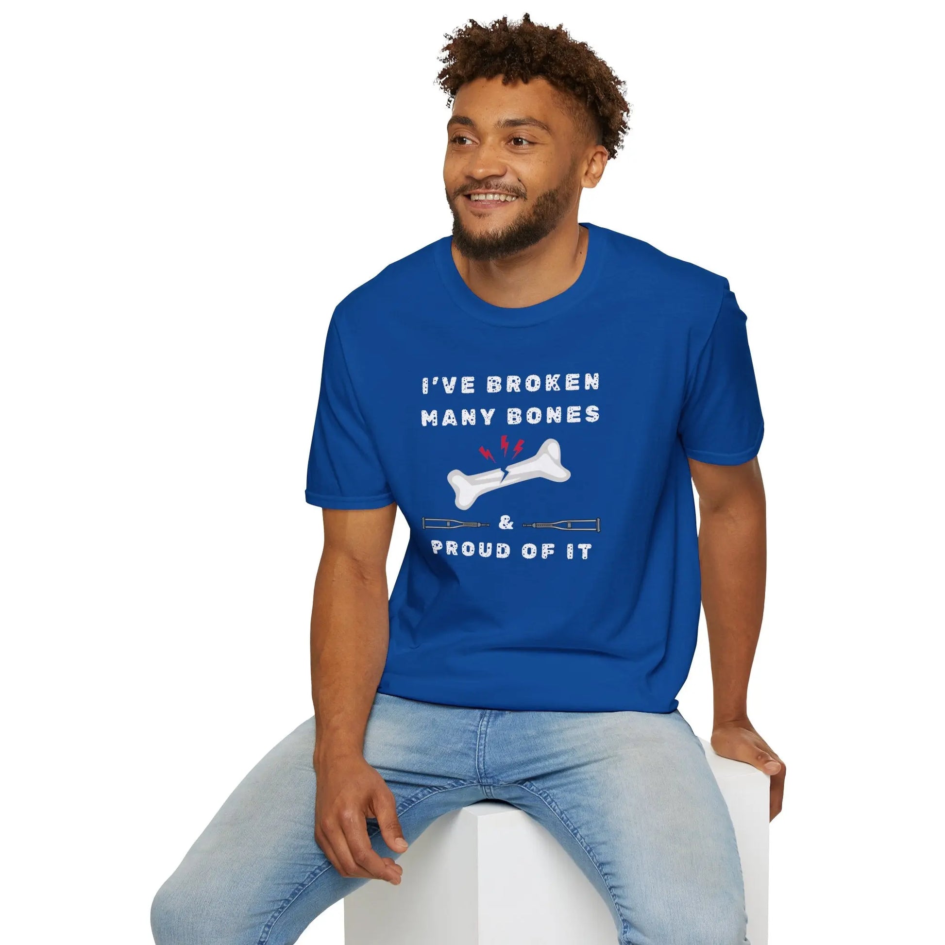 Man wearing an I've Broken many Bones Proud of It T-Shirt Blue