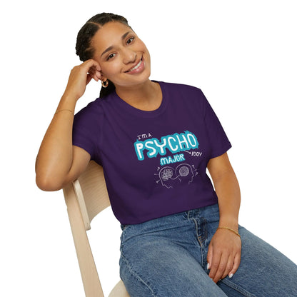 Woman wearing a purple t-shirt with 'I'm a Psycho Major' text, sitting on a chair.