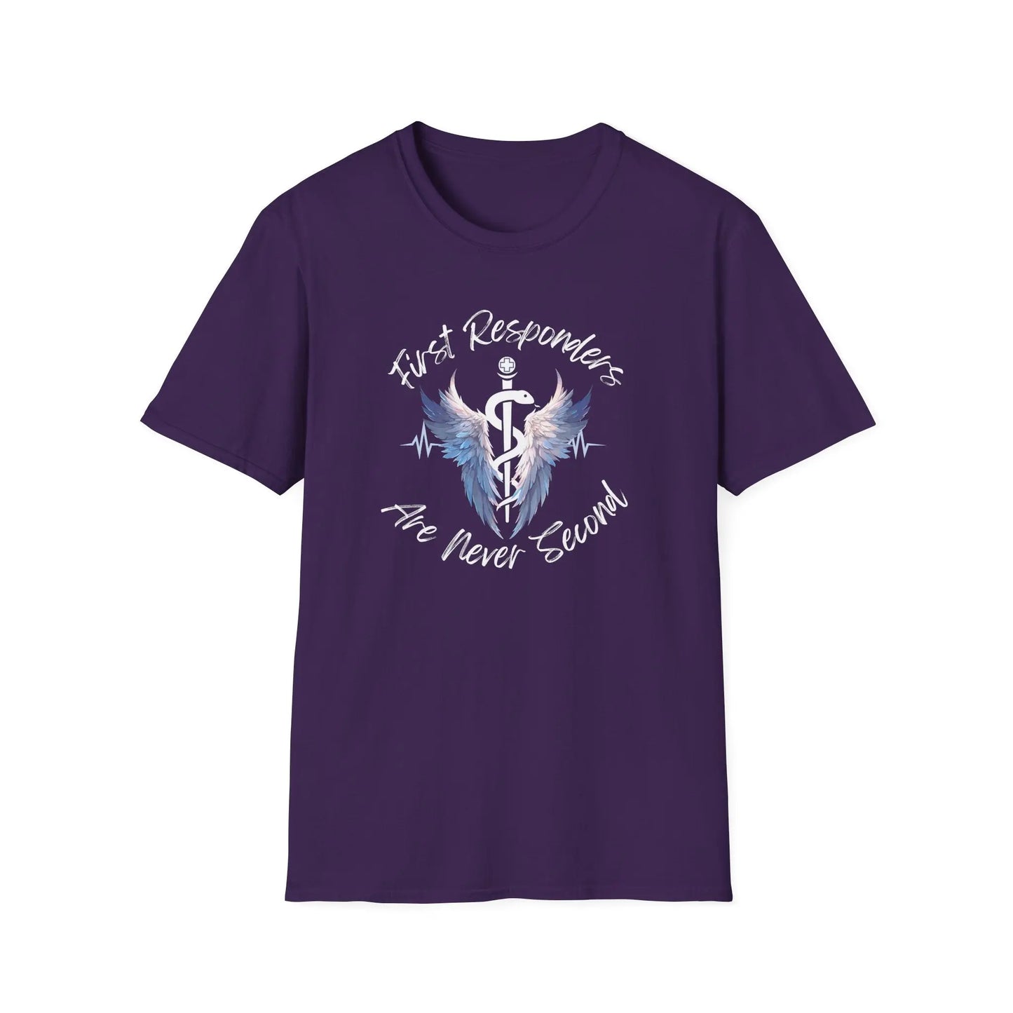 T-Shirt with a text of First Responders are never second with a logo of Rod of Asclepius Purple