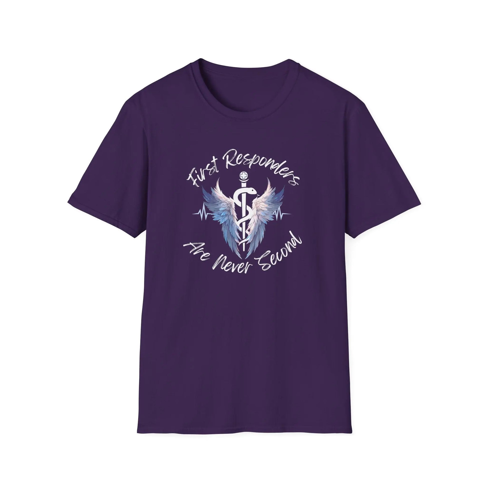 T-Shirt with a text of First Responders are never second with a logo of Rod of Asclepius Purple