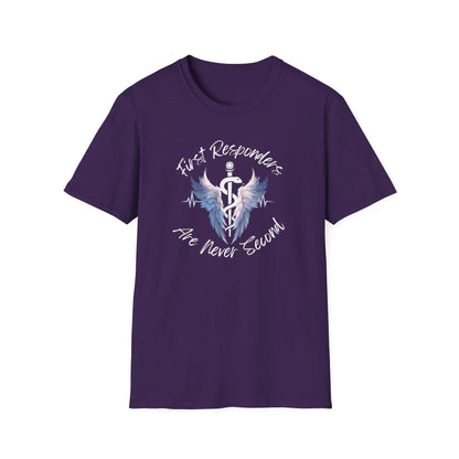 T-Shirt with a text of First Responders are never second with a logo of Rod of Asclepius Purple