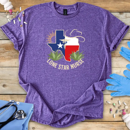Purple t-shirt with 'Lone Star Nurse' design on a wooden surface with medical supplies.