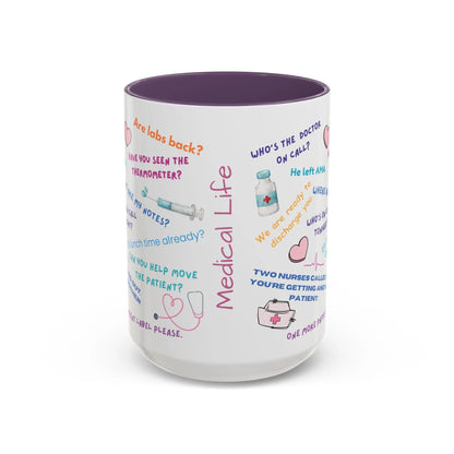 White mug with purple interior with colorful text and medical graphics on a white background