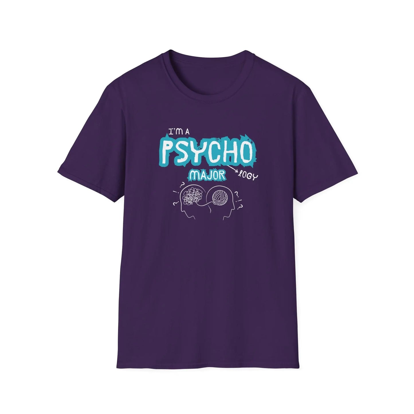 Purple t-shirt with 'I'm a Psychology Major' text design on a white background