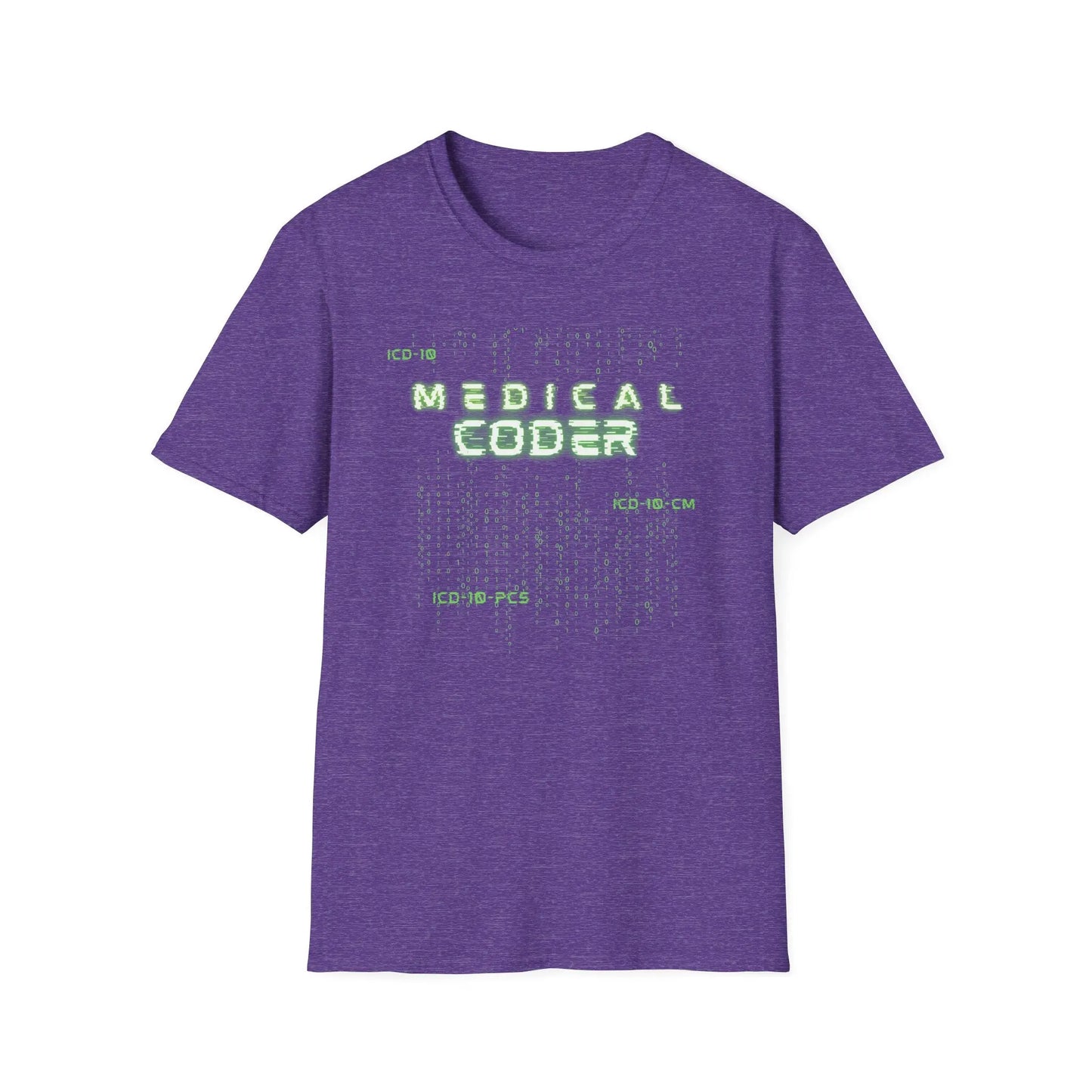 Medical Coder T-Shirt Heather Purple with a matrix pattern design