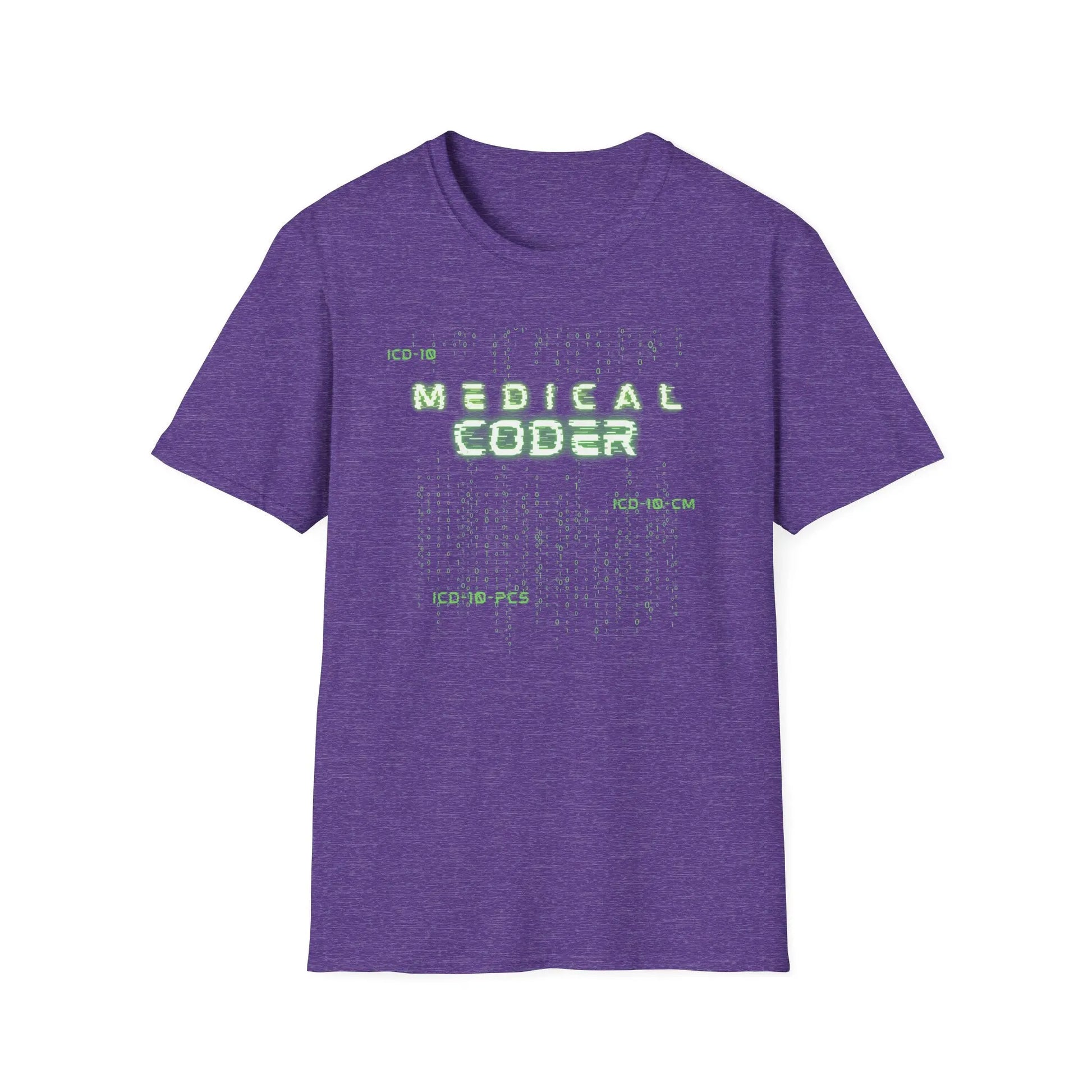 Medical Coder T-Shirt Heather Purple with a matrix pattern design