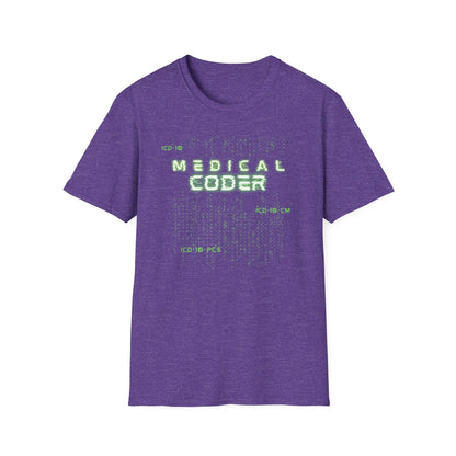 Medical Coder T-Shirt Heather Purple with a matrix pattern design