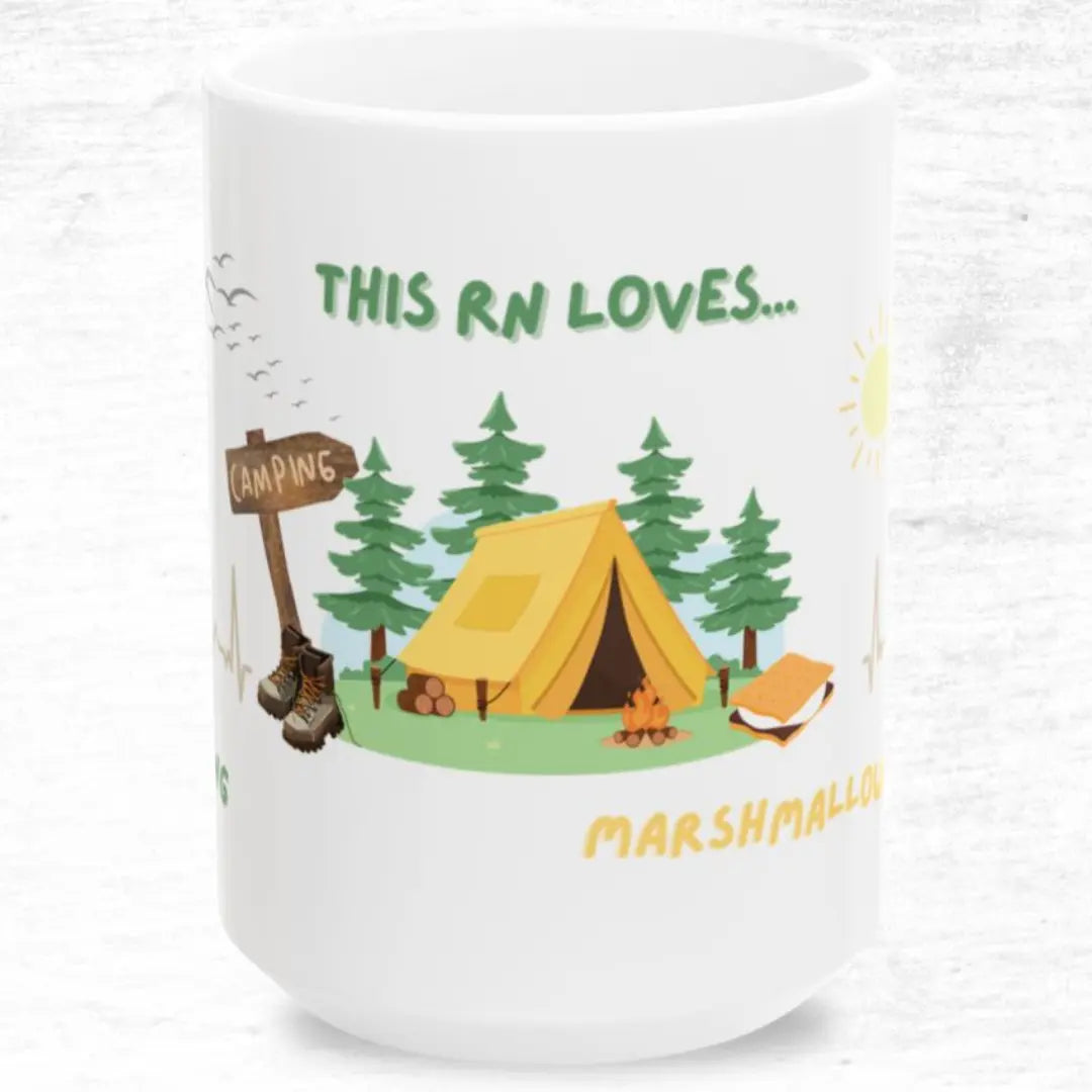 Mug with camping-themed design featuring a tent, trees, and marshmallows on a white background.