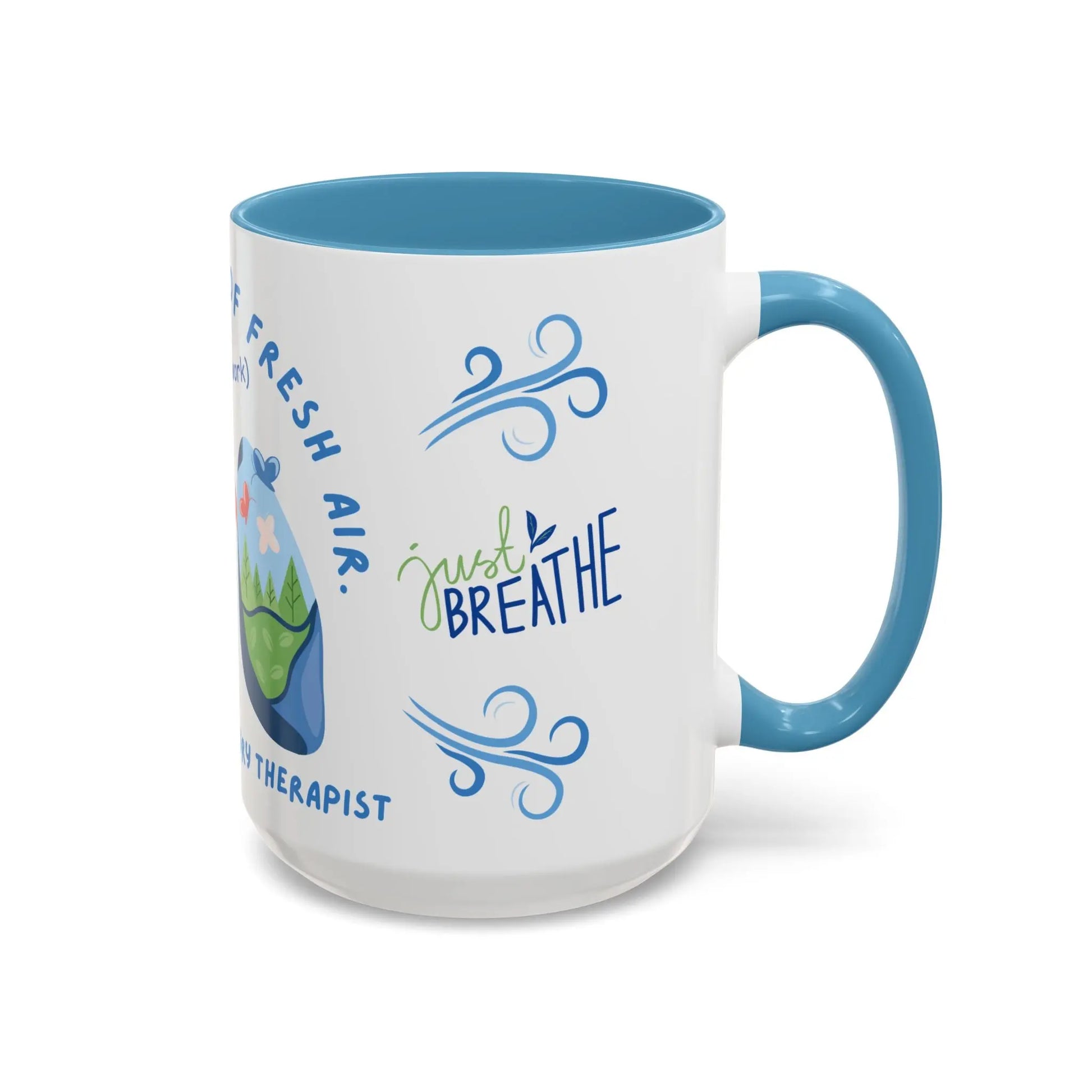White mug with blue interior and handle, featuring 'Just Breathe' text and graphics on a white background.
