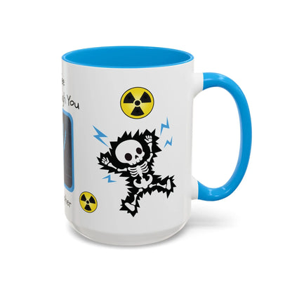 Mug with skeleton design, radiation symbols, and blue handle on a white background