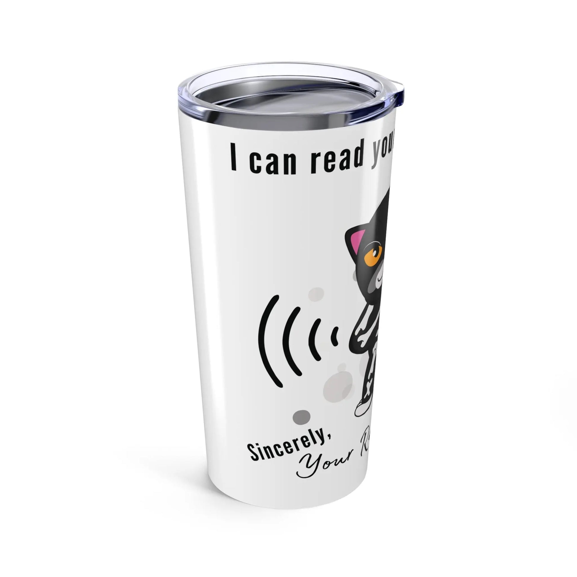 Tumbler with a cat design and text on a white background