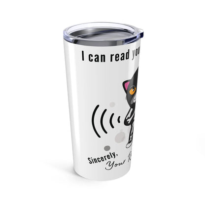 Tumbler with a cat design and text on a white background
