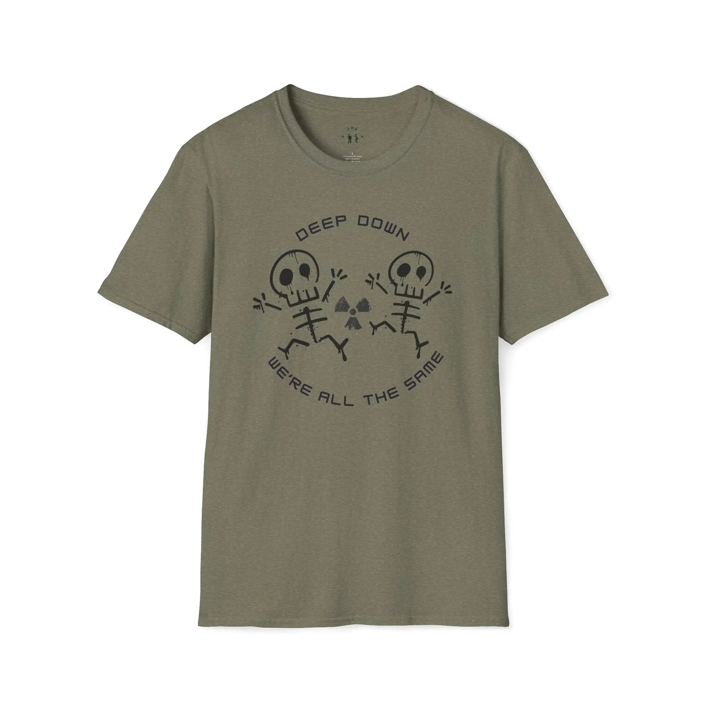 Green t-shirt with radiology skeleton design and 'Deep Down We're All The Same' text on a white background