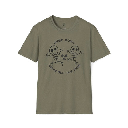 Green t-shirt with radiology skeleton design and 'Deep Down We're All The Same' text on a white background