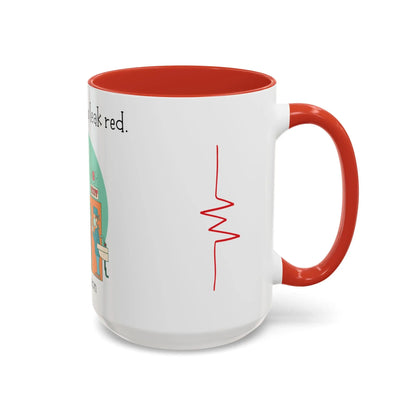 White mug with red interior and handle, featuring a heart rate monitor design on a white background.