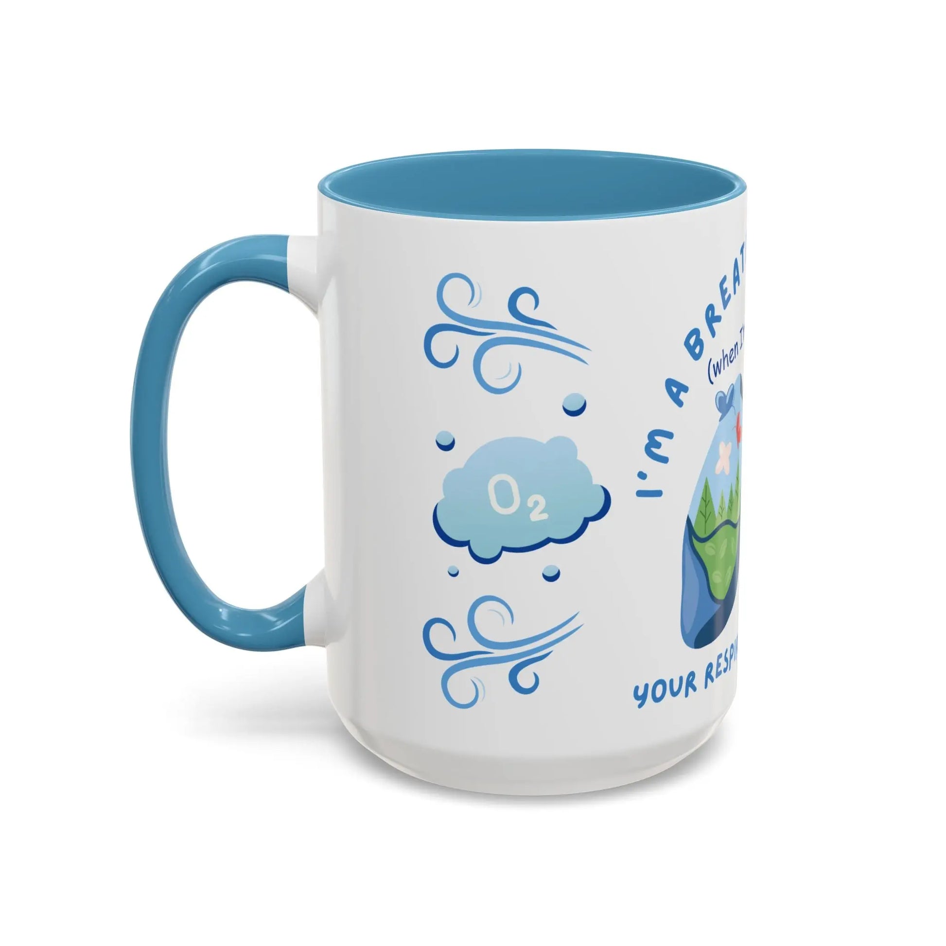 White mug with blue interior and handle, featuring oxygen themed designs and text on a white background.