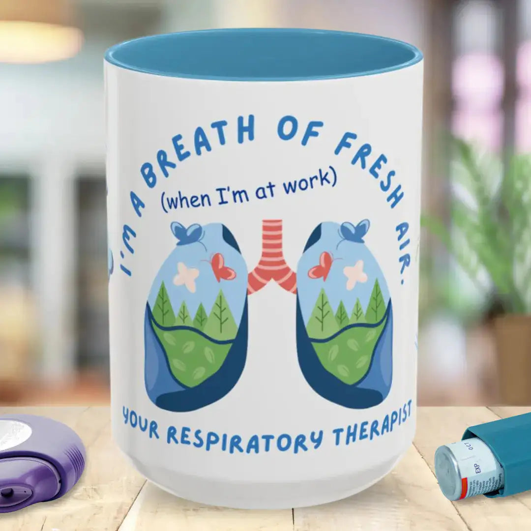 Mug with respiratory therapist design and text on a blurred background