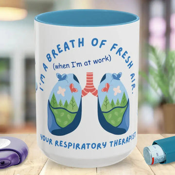 Mug with respiratory therapist design and text on a blurred background