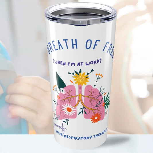 Tumbler with floral design and 'I'm A Breath Of Fresh Air When I'm At Work' text on a white background