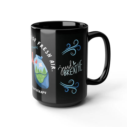 Black mug with 'Just Breath' text and graphics on a white background
