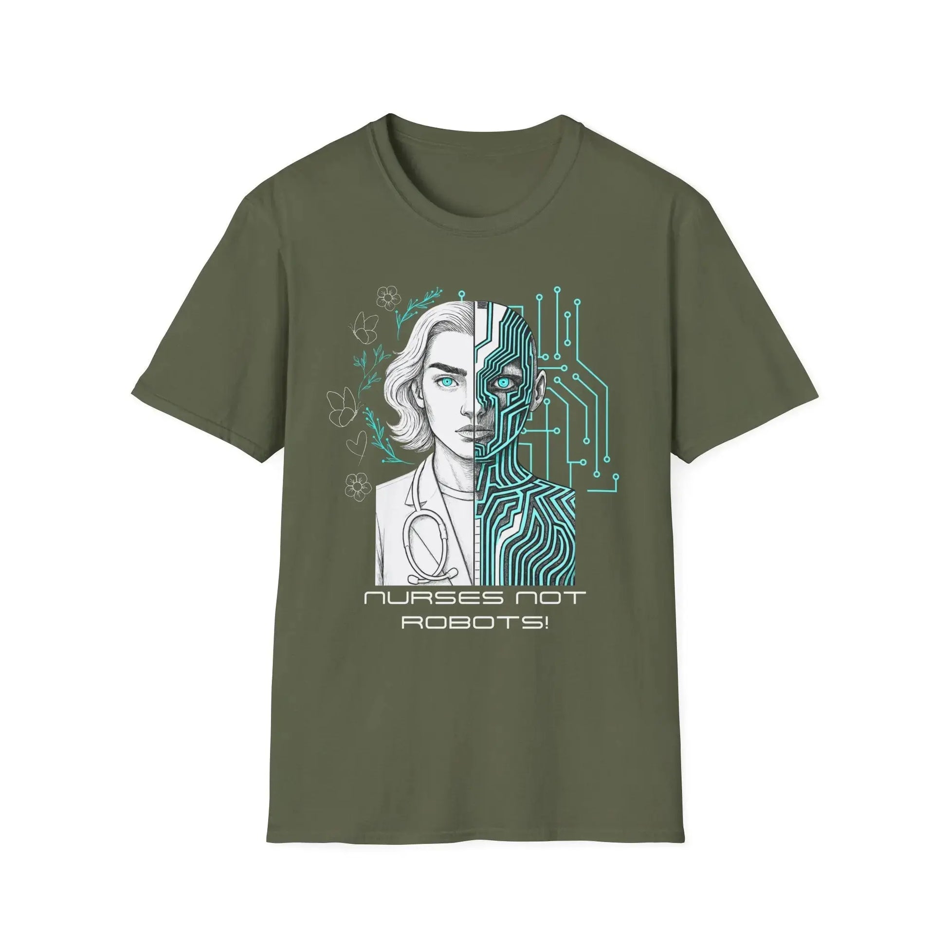 Green t-shirt with a graphic design of half a woman's face and half robot face intersected by circuit lines and text 'Nurses Not Robots!' on a white background.