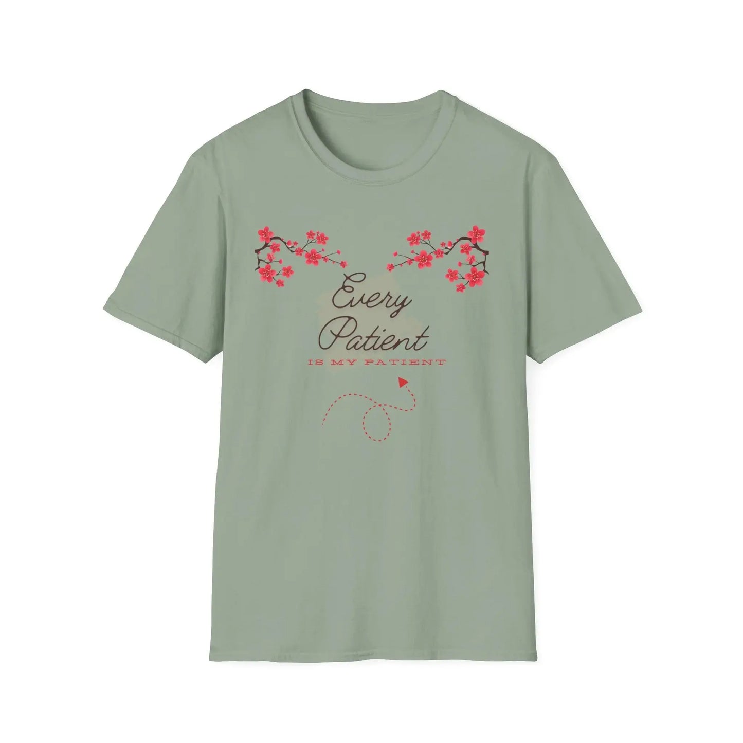 Sage t-shirt with 'Every Patient Is My Patient' text and Sakura design on a white background