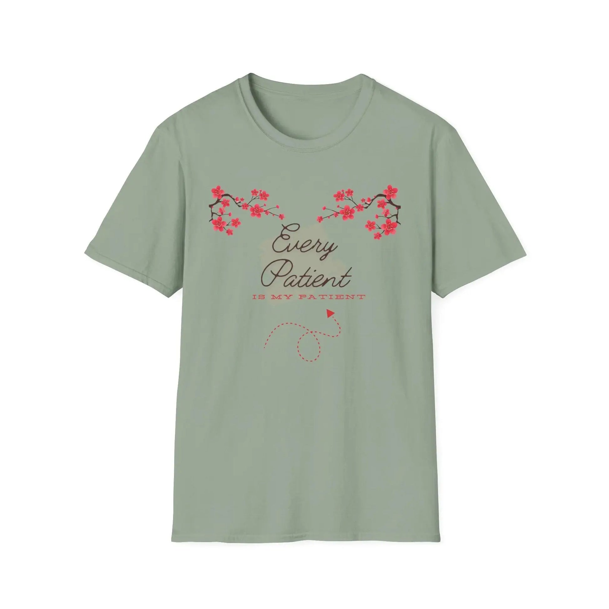 Sage t-shirt with 'Every Patient Is My Patient' text and Sakura design on a white background