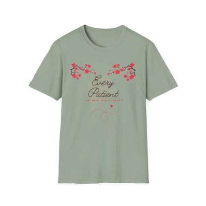 Sage t-shirt with 'Every Patient Is My Patient' text and Sakura design on a white background