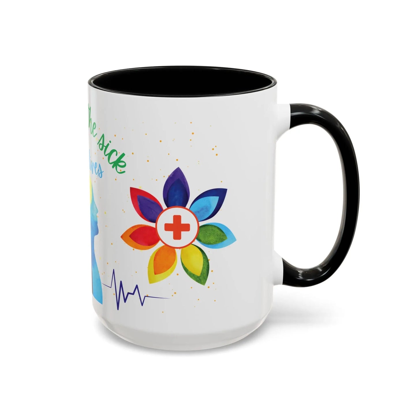 White mug with black handle featuring a colorful flower design with a red cross and text on a white background