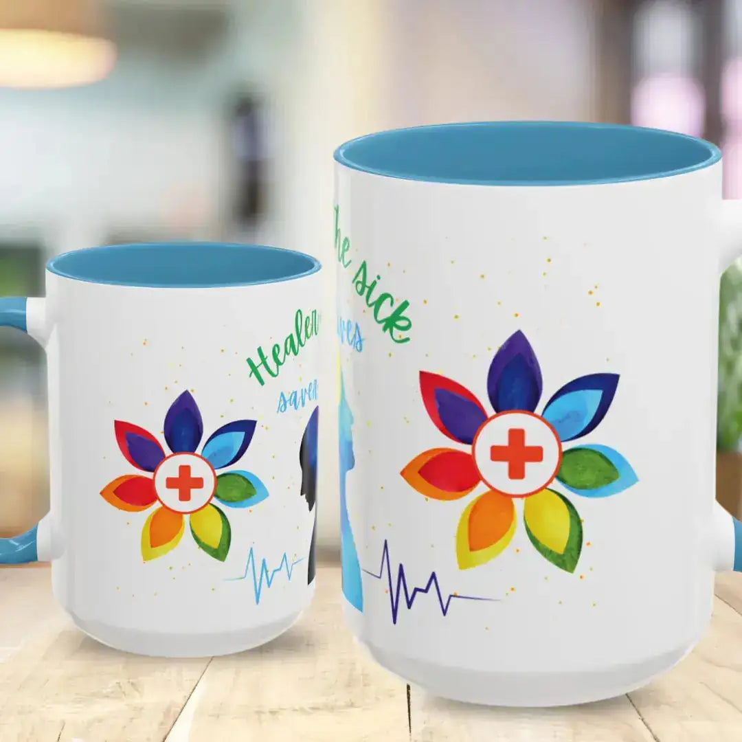 Two mugs with colorful flower designs and medical symbols on a blurred background