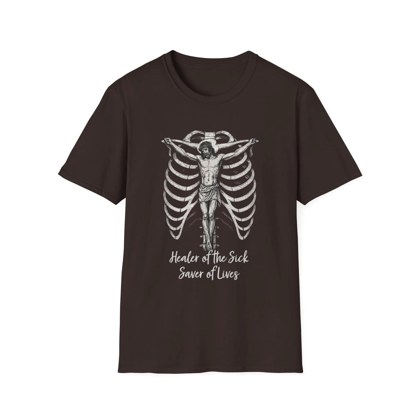 Chocolate brown t-shirt with "Healer Of The Sick" on a white background