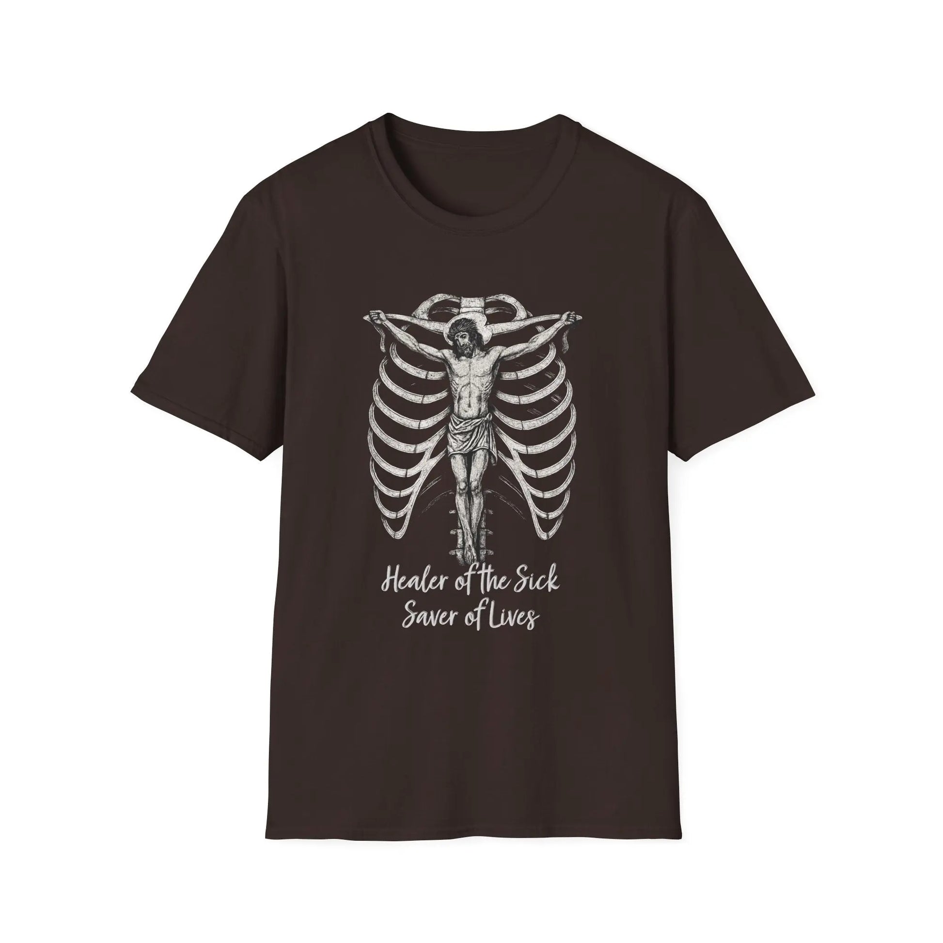Chocolate brown t-shirt with "Healer Of The Sick" on a white background