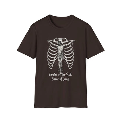 Chocolate brown t-shirt with "Healer Of The Sick" on a white background