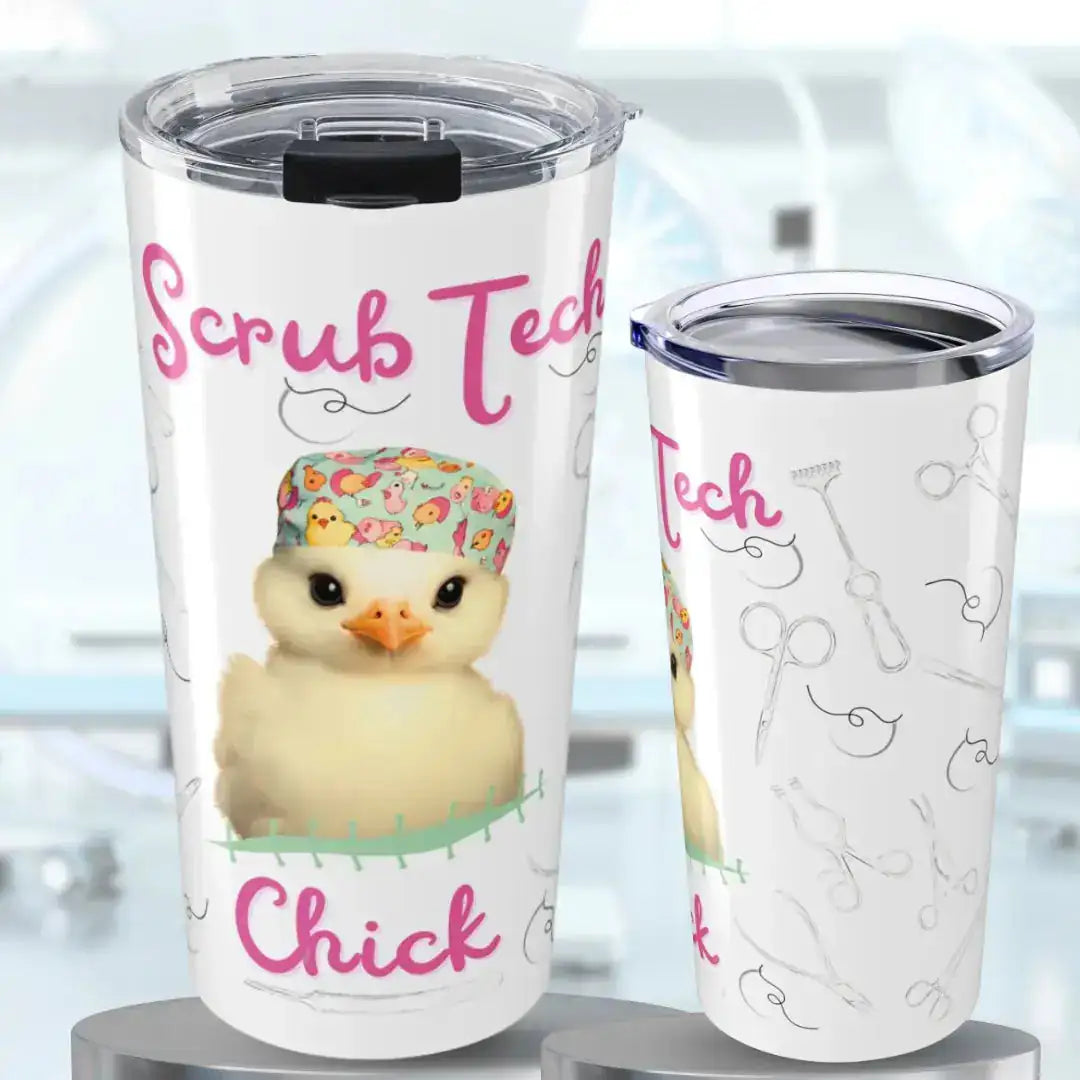 Two tumblers with 'Scrub Tech Chick' design featuring a rubber duck and medical instruments.