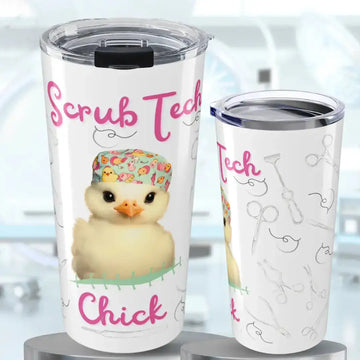 Two tumblers with 'Scrub Tech Chick' design featuring a rubber duck and medical instruments.