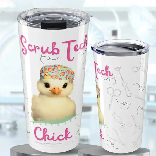 Two tumblers with 'Scrub Tech Chick' design featuring a rubber duck and medical instruments.