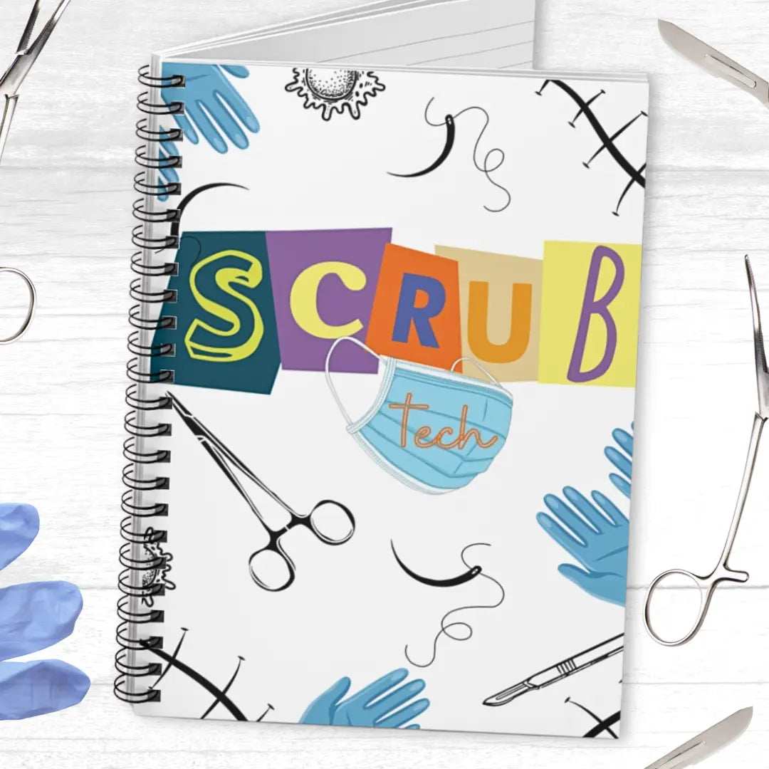 Scrub tech spiral notebook with 'Scrub Tech' design featuring medical instruments and gloves on a white background