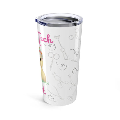 Tumbler with 'Tech' text and surgical instruments patterns on a white background