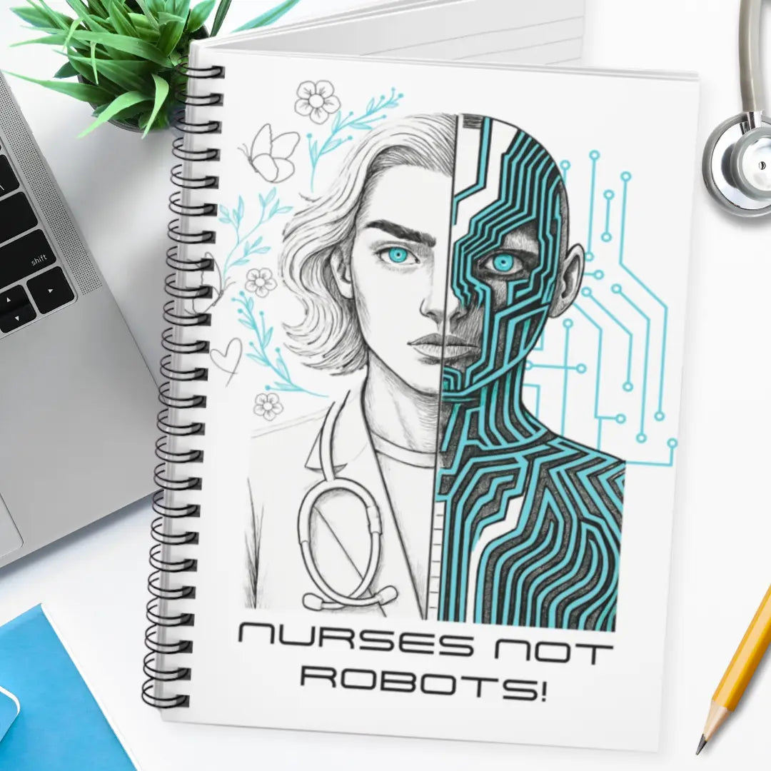 Nurses notebook with a design of a person divided into half human, half robot with 'Nurses Not Robots!' text, on a desk.