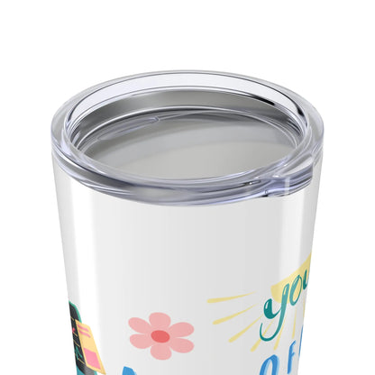 Clear lid on tumbler with colorful designs and text on a white background